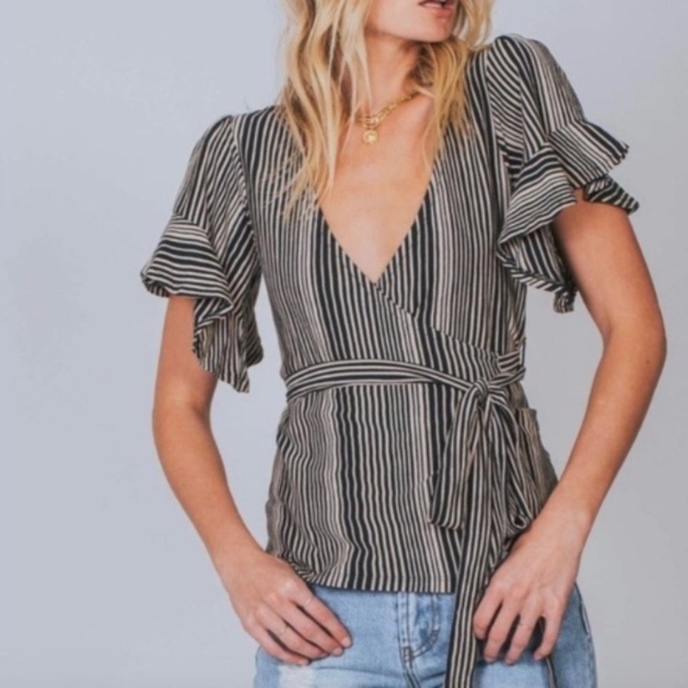 Free People Striped Ruffle Sleeve Wrap Top Navy Cream Boho V-Neck‎ Small
